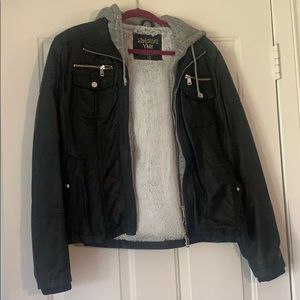 Black leather jacket with hood